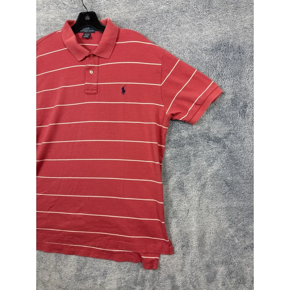 Polo Ralph Lauren Mens L Pink Striped Short Sleeve Polo Shirt Cotton Pony Logo